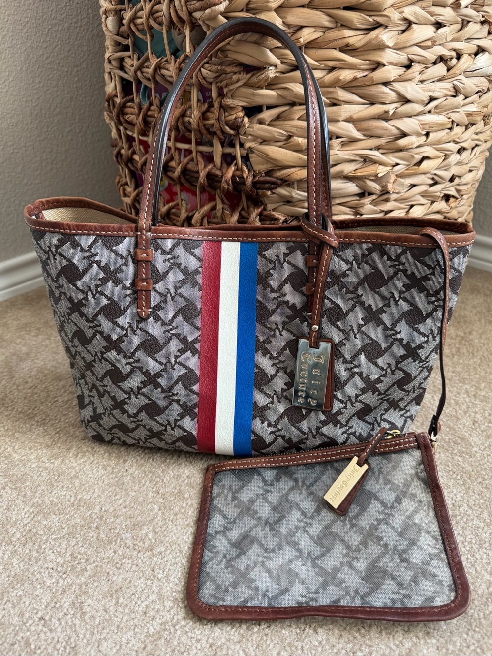 Juicy Couture Vintage Y2K Monogram Scottie Canvas Stripe Tote Bag & Mesh Bag Set